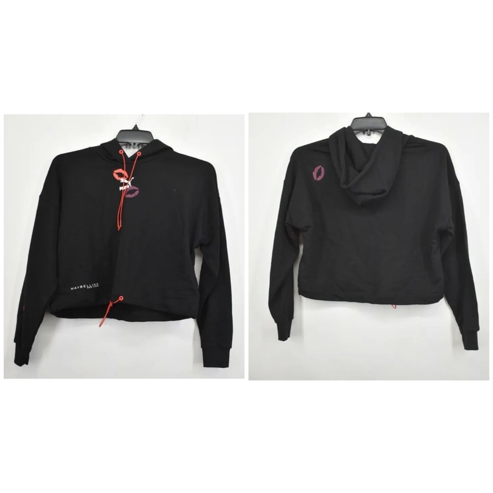 Puma x Maybelline Womens Black Cotton LS Drawstring Cropped Hoody Sz S NWT - Picture 2 of 15